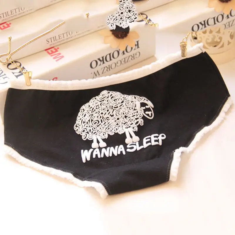 

ROPALIA Women Cotton Seamless Panties Ladies Elastic Mid Waist Briefs Cartoon Sheep Print Candy Color Underwear No Trace Panties