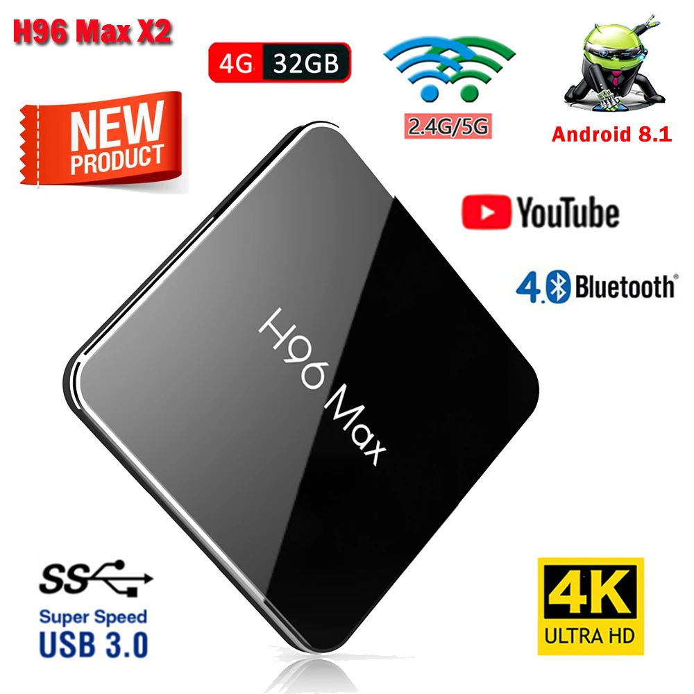 

2019 Android 8.1 H96 Max X2 4GB 32GB Amlogic S905X2 Quad Core H.265 HEVC USB 3.0 2.4G/5.8G 100M LAN WIFI 4K HD Smart Set-top Box