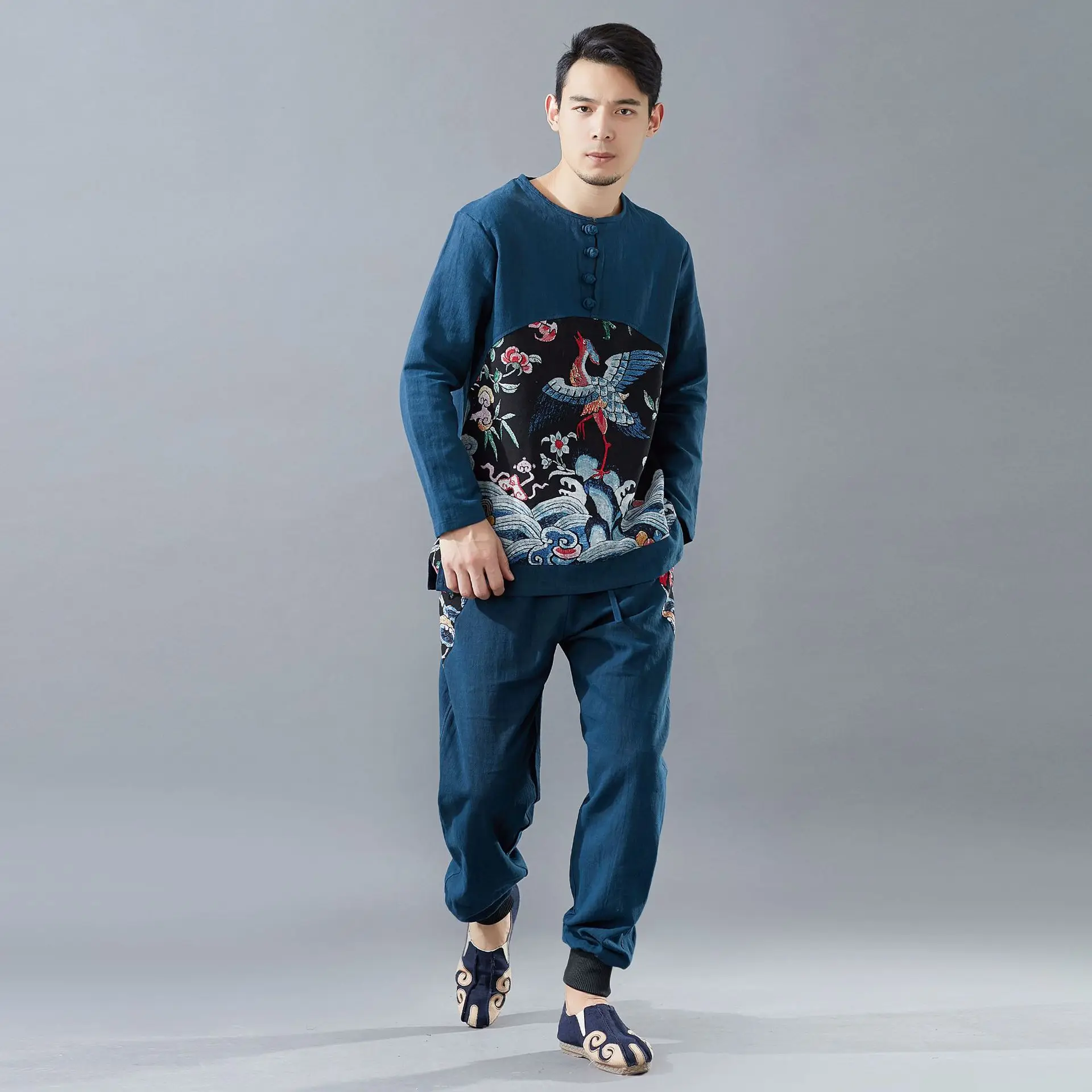 Men Chinese Style Long Sleeve Cotton Linen Shirt Male Casual Pullover