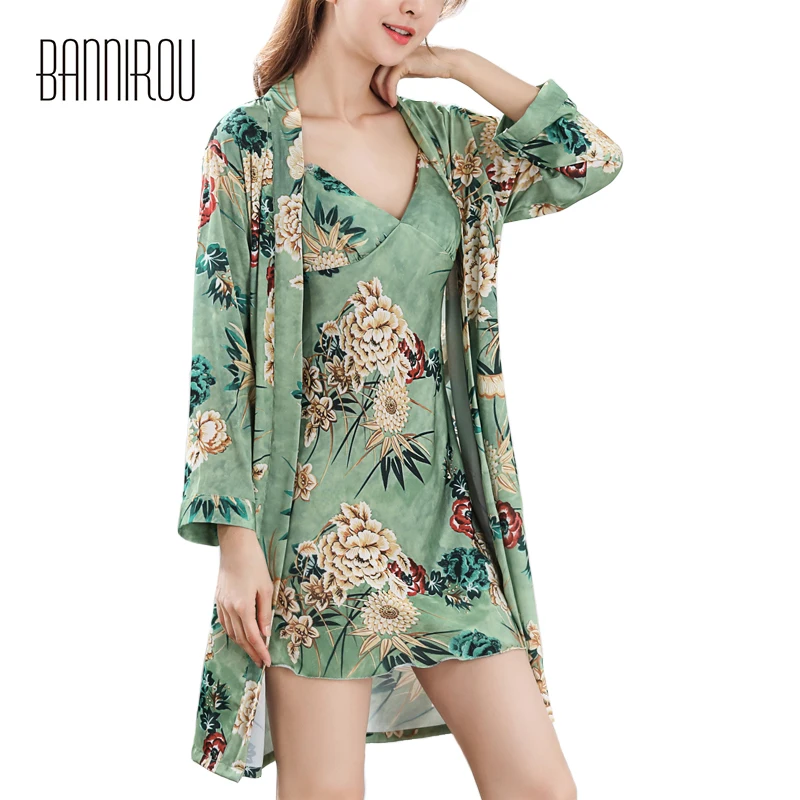 

Spring Woman Robes Set Silks Satins Chiffon Flowers Green Thin Full Loose Bathrobes Two-piece Suit Female Nightgowns Autumn 2019
