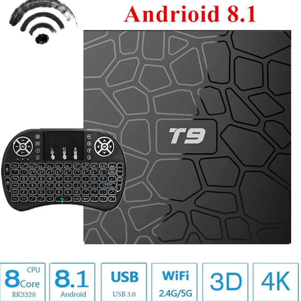 2018 T9 التلفزيون مربع الروبوت 8.1 8 1 4 GB 32 GB 64 GB الذكية التلفزيون البادئة Rockchip RK3328 1080 P H.265 4 K جوجل تلعب نيتفليكس مشغل الوسائط