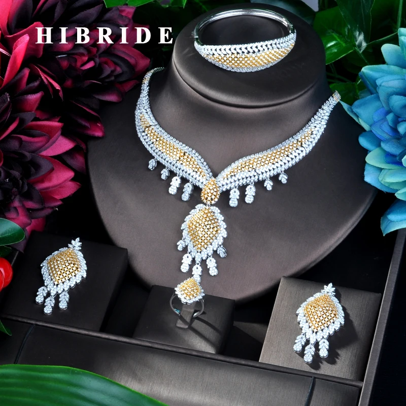 

HIBRIDE Fashion Trendy Design Double Tone Plated Cubic Zircon Necklace Jewelry Set Dress Jewelry Set For Party Gifts N-844