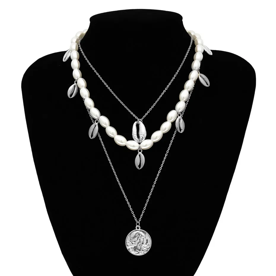 Sliver IngeSight. Z, панк, многослойное жемчужное колье, ожерелье, воротник, массивное, Девы Марии, монета, кристалл, кулон, ожерелье, женское ювелирное изделие - Окраска металла: Sliver
