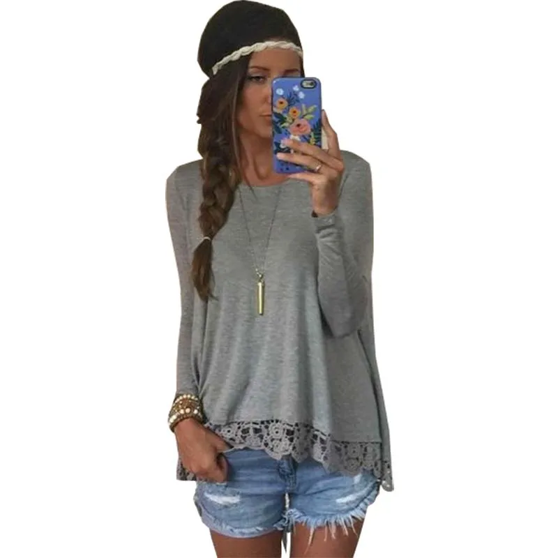 

T shirt women 2016 Autumn lace sweep laciness long-sleeve colors hollow out women's clothing basic loose t-shirt vestidos GZ721