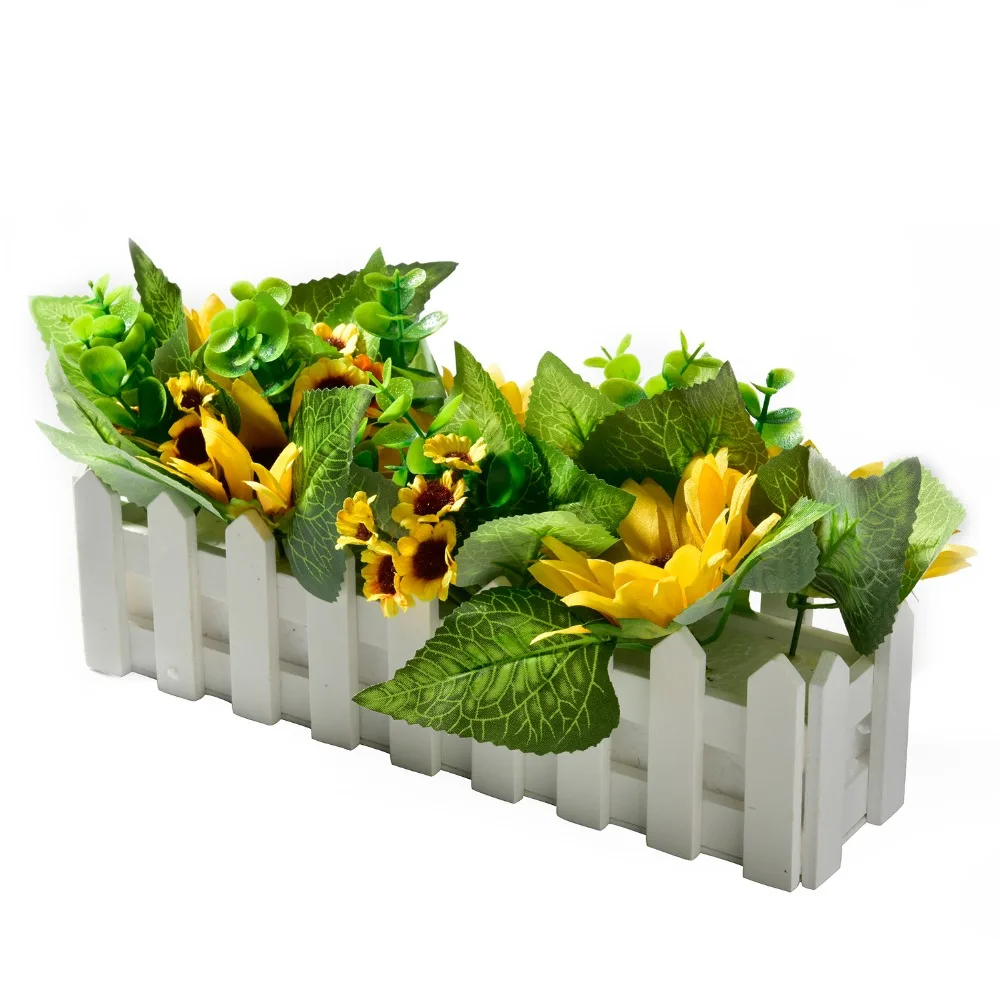 

Sunflower Artificial Flowers 30cm White Solid Wood Fence Van Gogh Sunflower Vase Bonsai Set Farmhouse Decor Fake Flowers