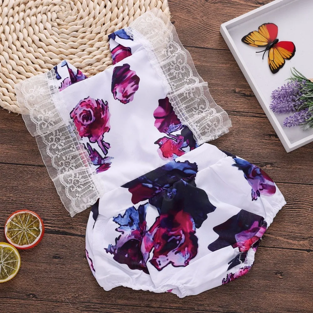 

2018 Children Kids Baby Girls Floral Print Romper Flutter Sleeve Baby Romper Lace Romper Baby Girl Onesie Summer Baby Girl