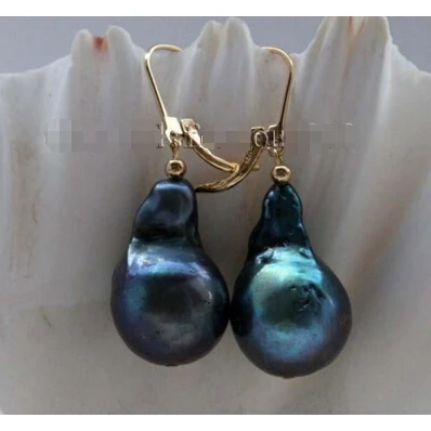 

Genuine Natural 15x25mm Black Baroque Reborn Keshi Pearl Earrings 14KGP #f2335! *l