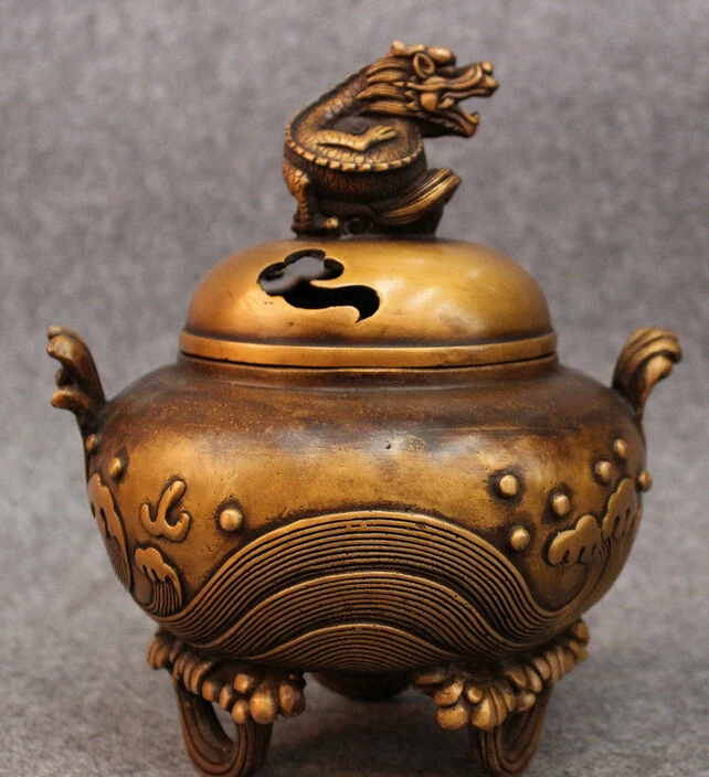 

8" Folk Chinese Bronze Wave Dragon Head Statue Buddhism Incense Burner Censer