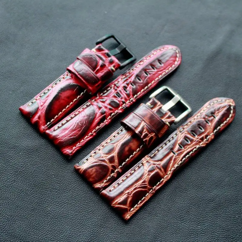 MERJUST New Fashion 24mm Red Brown Crocodile texture Calf Genuine Leather Wrist Watch Band For pam Pilot Strap Bracelet