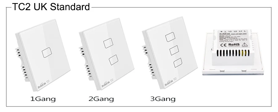 Broadlink TC2 123Gang Touch Switch UK Standard RF433 Wireless Wall Switch Smart Home Automation Wifi Control Lamp Light Switch
