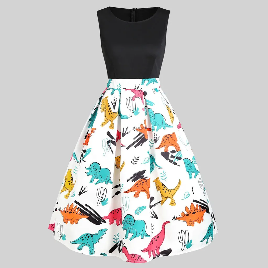 

Feitong Dress Women Vintage Sleeveless Ladies Dress O-neckline Printed Dinosaur Tunic Tank Dress Elegant Women Dress Vestidos