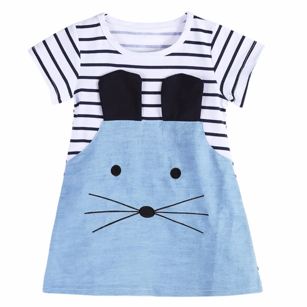 

Cute Dress 2-7 Years Girls Summer Dresses Baby Girl O-neck Short/Long Sleeve Lovely Mouse Design Denim Dress for Girls Clothing
