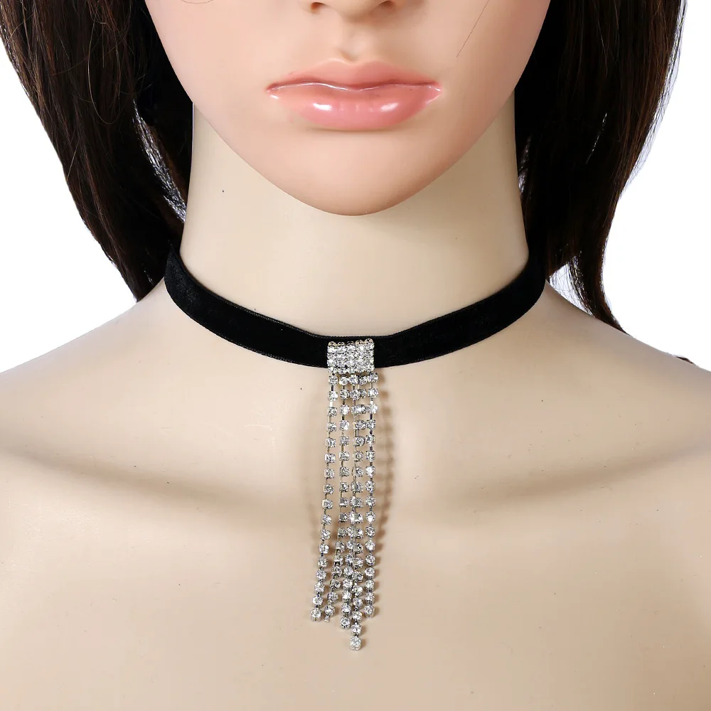 2017 Ladies Personality Black Velvet Choker Rhinestones Beads Punk