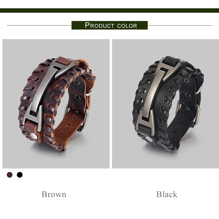 BAMOER, винтажный панк кожаный браслет, 2 цвета, черный и коричневый, модный, застежка, многослойный Плетеный, веревочный браслет для мужчин, ювелирное изделие, PI0339-1