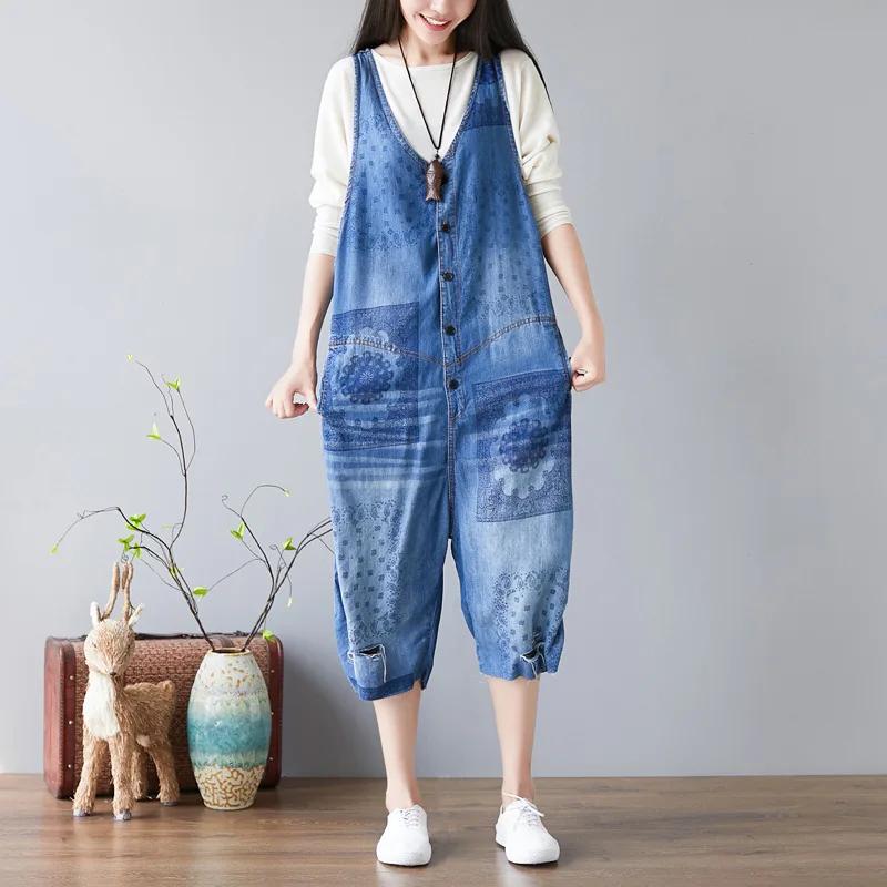 Mori Girl Print Sleeveless Vaqueros Mujer Overalls Denim Hiphop Loose