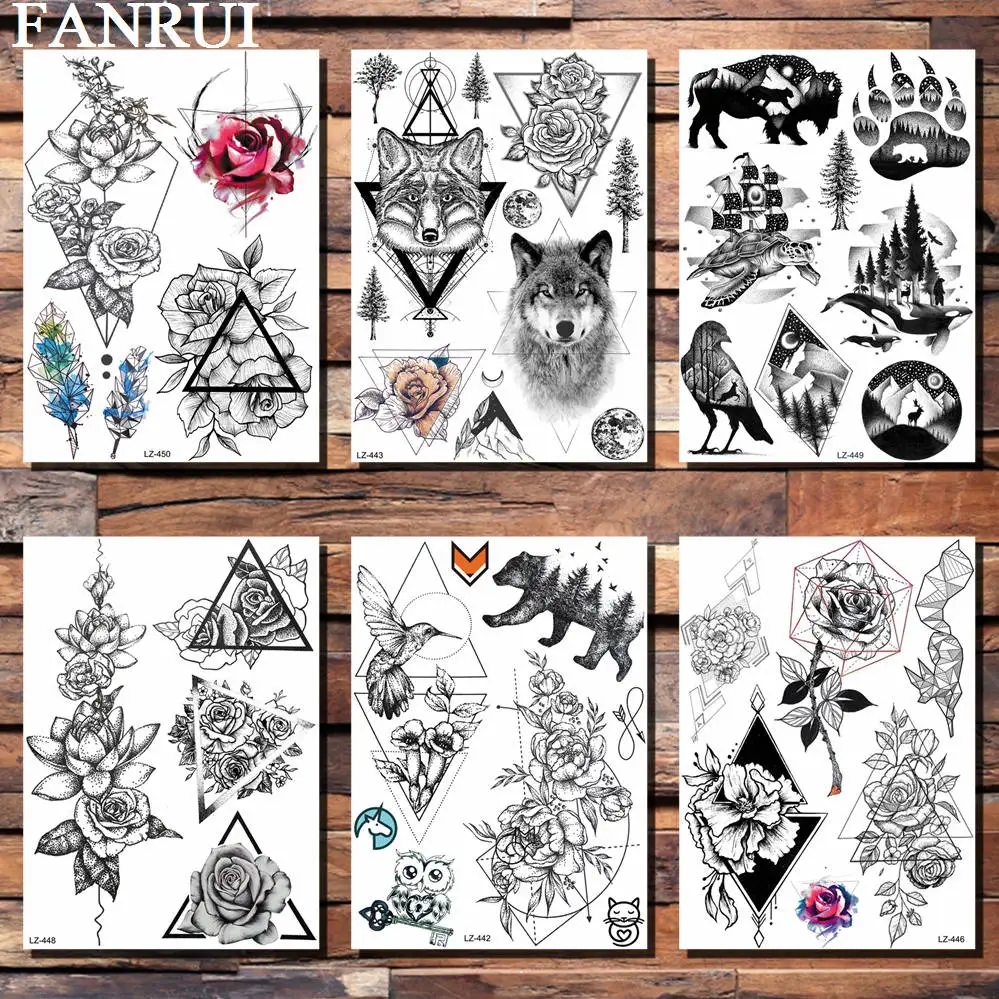 

FANRUI Geometric Diamond Hummingbird Temporary Tattoo Sticker Rose Flower Fake Tatoos Waterproof Body Art Arm Neck Tattoo Decals