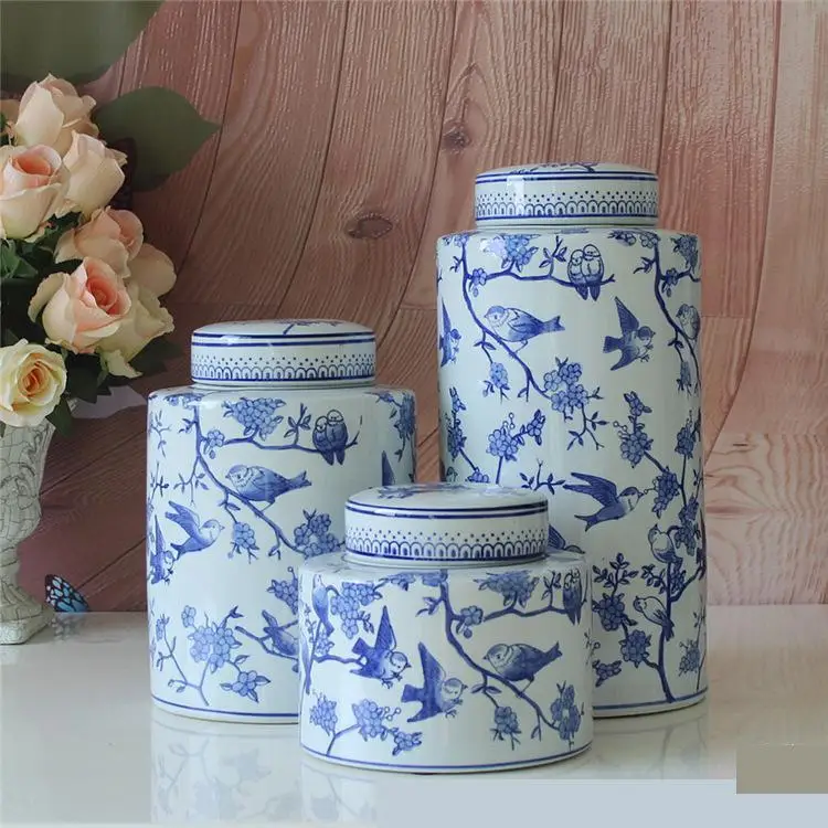 

Asian Style Jingdezhen Ceramic jar Blue And White Porcelain Classical Wind Ceramics Pot Living Room blue bird porcelain jar vase