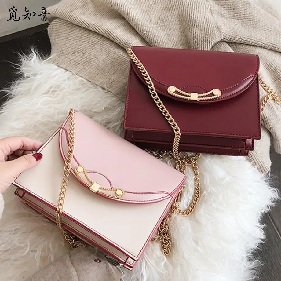 

2019 Spring Fashion New Sweet Square Bagquality Pu Leather Women's Designer Handbag Contrast Color Chain Shoulder Messenger Bags
