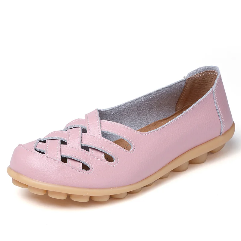 OneBling/ повседневные лоферы из натуральной кожи; женская дышащая Летняя обувь на плоской подошве; сандалии с перфорацией; большие размеры 34-44 - Цвет: Light Pink