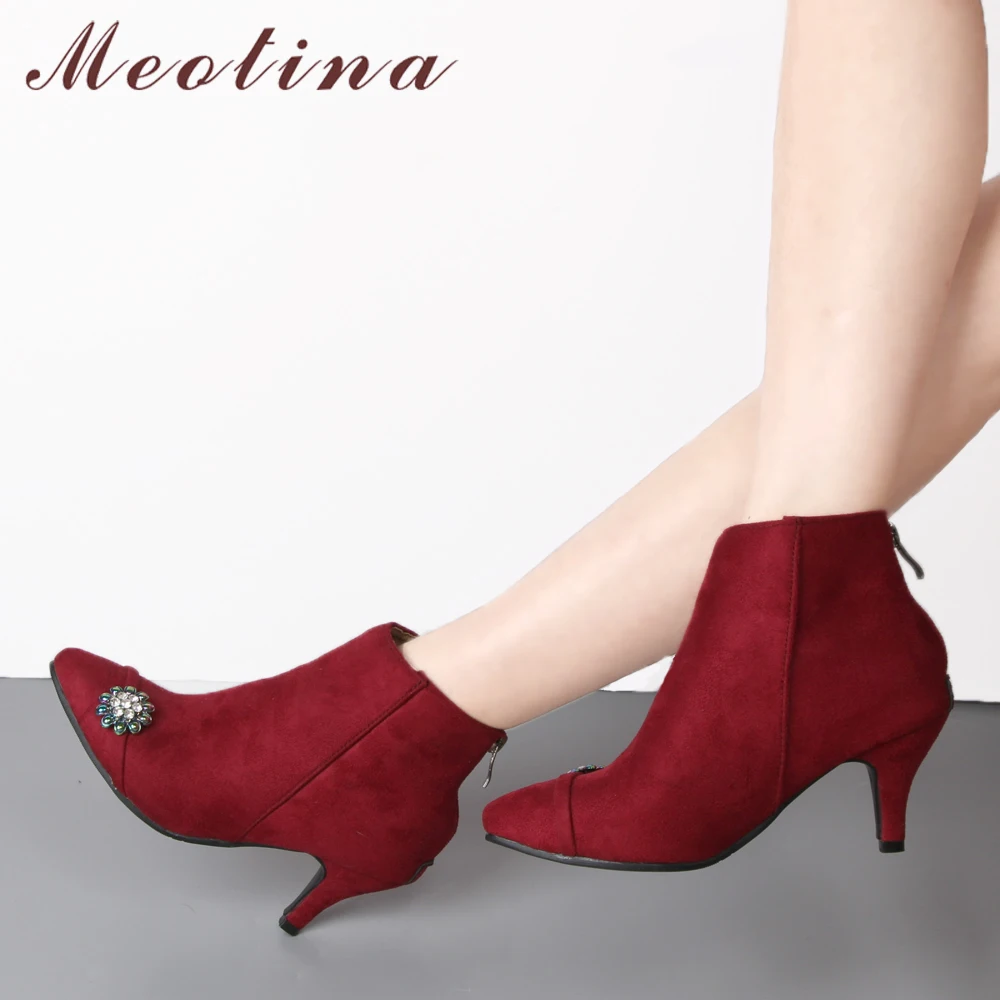 

Meotina Women Ankle Boots Winter Shoes Pointed Toe High heels Short Boots Zipper Rhinestone Spike Heel Boots Red Big Size 45 46