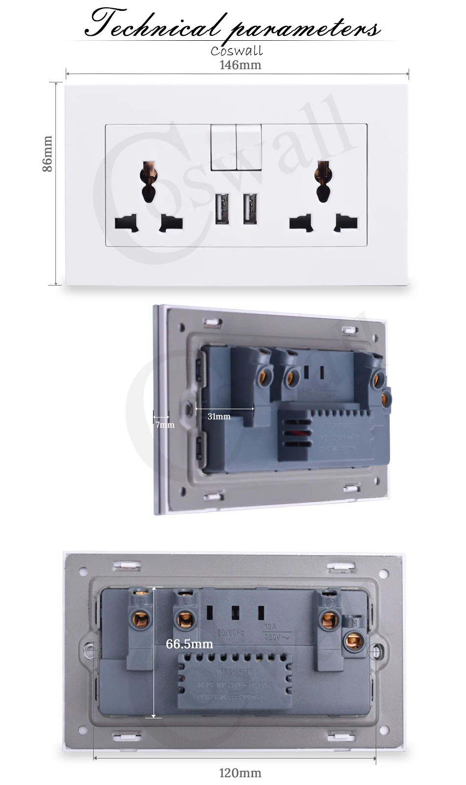 COSWALL 13A универсальная Коммутируемая розетка 2 USB порта зарядки для мобильного выхода 2.1A настенная розетка Черный Цвет PC Панель