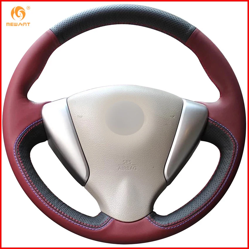 MEWANT Black Wine Red Leather Car Steering Wheel Cover for Nissan Tiida