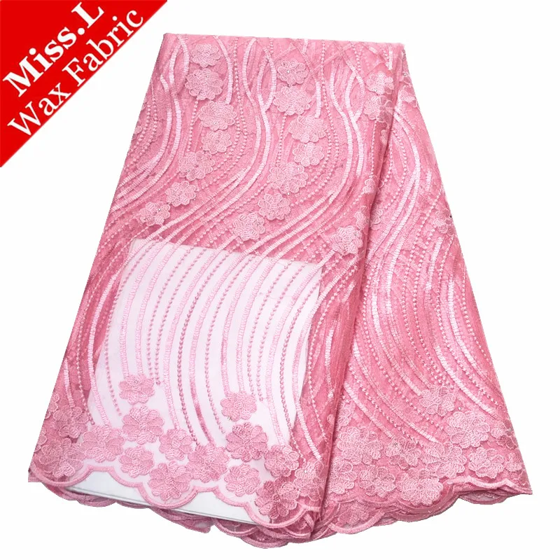 

Miss L Pink African french mesh lace fabric high quality 2019 embroidered with stones Nigerian laces fabrics for wedding dresses