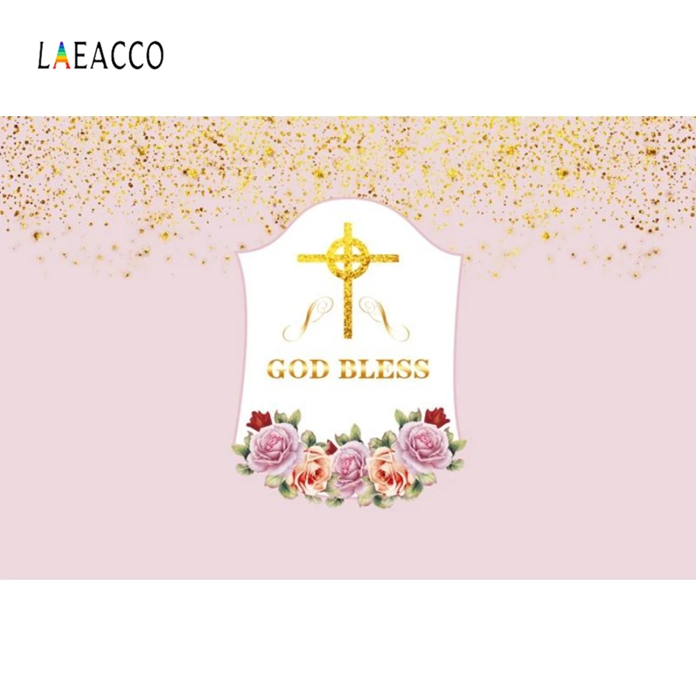 

Laeacco God Bless Flower Gold Bling Dot Party Portrait Photography Background Customized Photographic Backdrops for Photo Studio