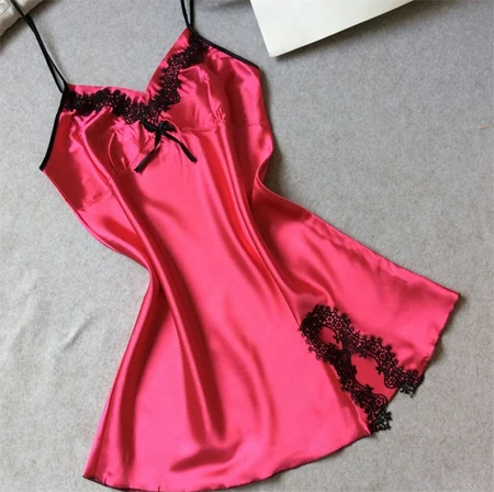 Женская сексуальная шелковая ночная рубашка, атласная ночная рубашка с v-образным вырезом, летние ночные рубашки, кружевное ночное белье для женщин - Цвет: rose red