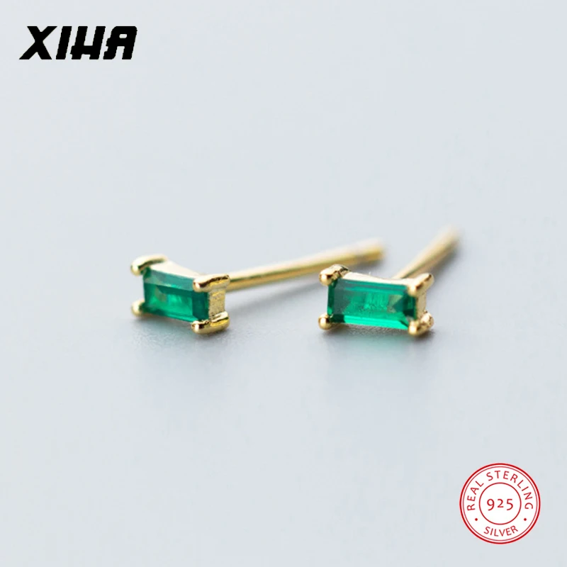 

XIHA Rhinestone 925 Sterling Silver Earrings for Women Green Princess Square Cubic Zirconia Stud Earring Wedding Earing