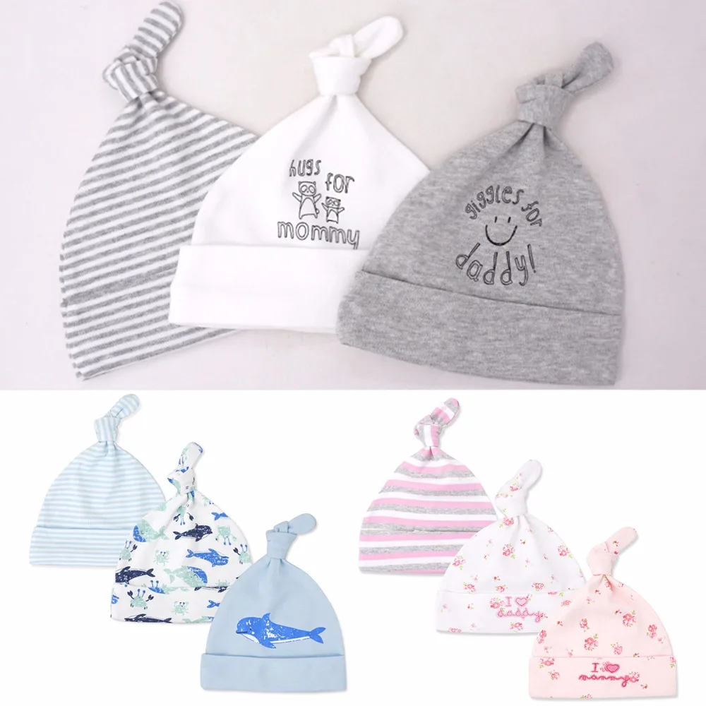 

Puseky 3pcs/lot Baby Hats 100% cotton Printed Baby Hats & Caps For 0-6 Months Newborn Baby Accessories