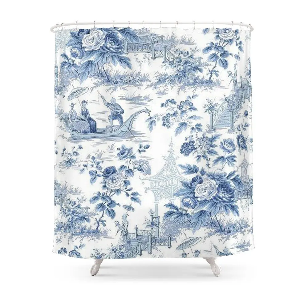 Powder Blue Chinoiserie Toile Shower Curtain Set Waterproof Bath