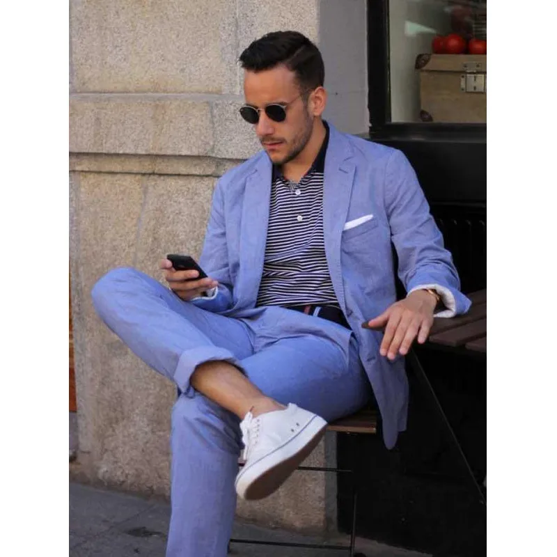 Casual Mens Suits Blue Linen Suits Notched Lapel Beach