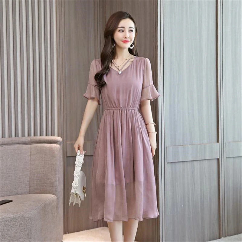 

Female Summer Short Sleeve V-neck Mid-Calf Silm 80% Silk Dresses Lady fall Oversized Silk Dress Seda frock Seda Vestido Robe