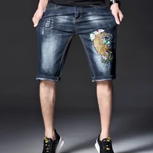 Мужские шорты с вышивкой тигра прямые эластичные голубые джинсы шорты синие летние шорты для мужчин