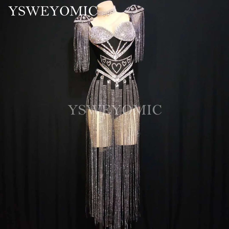 

YSWEYOMIC Black White Red Crystal Bodysuit Sexy Women Sparkly Tassel Outfit Celebrate Costume Stage Party Singer Dance Wear