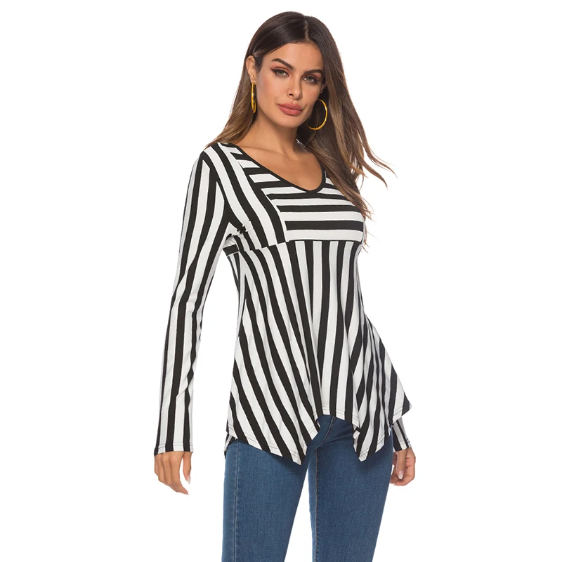 

Women T-Shirt Black And White Stripe T Shirts For Female Long Sleeve V-neck Casual Tops Camiseta Mujer S-2XL