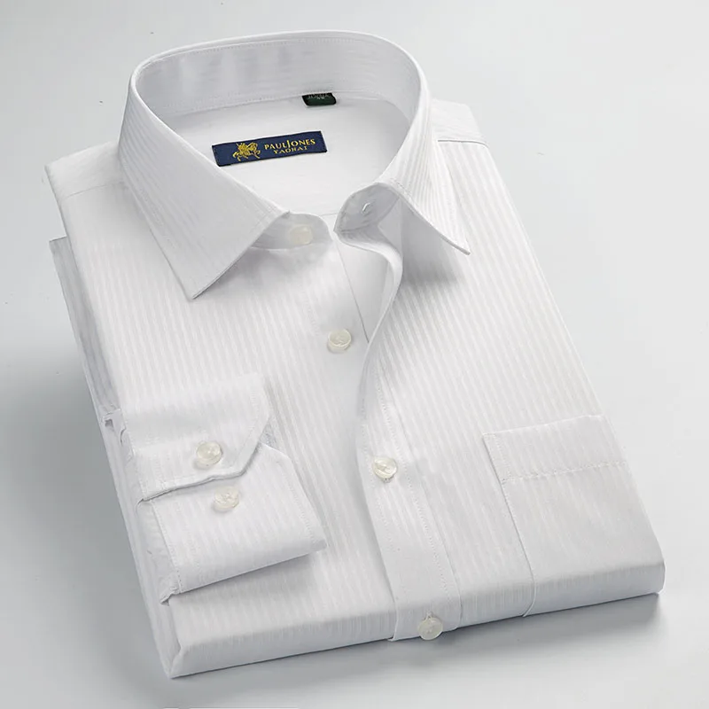 Осенние Роскошные качественные мужские рубашки с длинным рукавом, хлопковые белые черные классические деловые рубашки для мужчин, китайская блуза PaulJones - Цвет: 5510 white striped