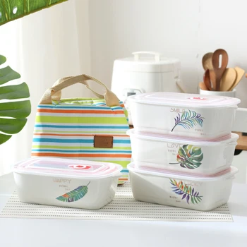 

Worthbuy Ceramic Containers with 3 Compartments with Lid Bento Box Food Container Chinese Portable Lunch Box Bento Box
