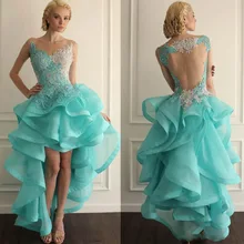 Mint High Low Backless Prom Kleider 2017 Sheer Neck Spitzeappliques Abendgesellschaft Kleider Sheer Illusion Zurück Rüschen Organza Rock