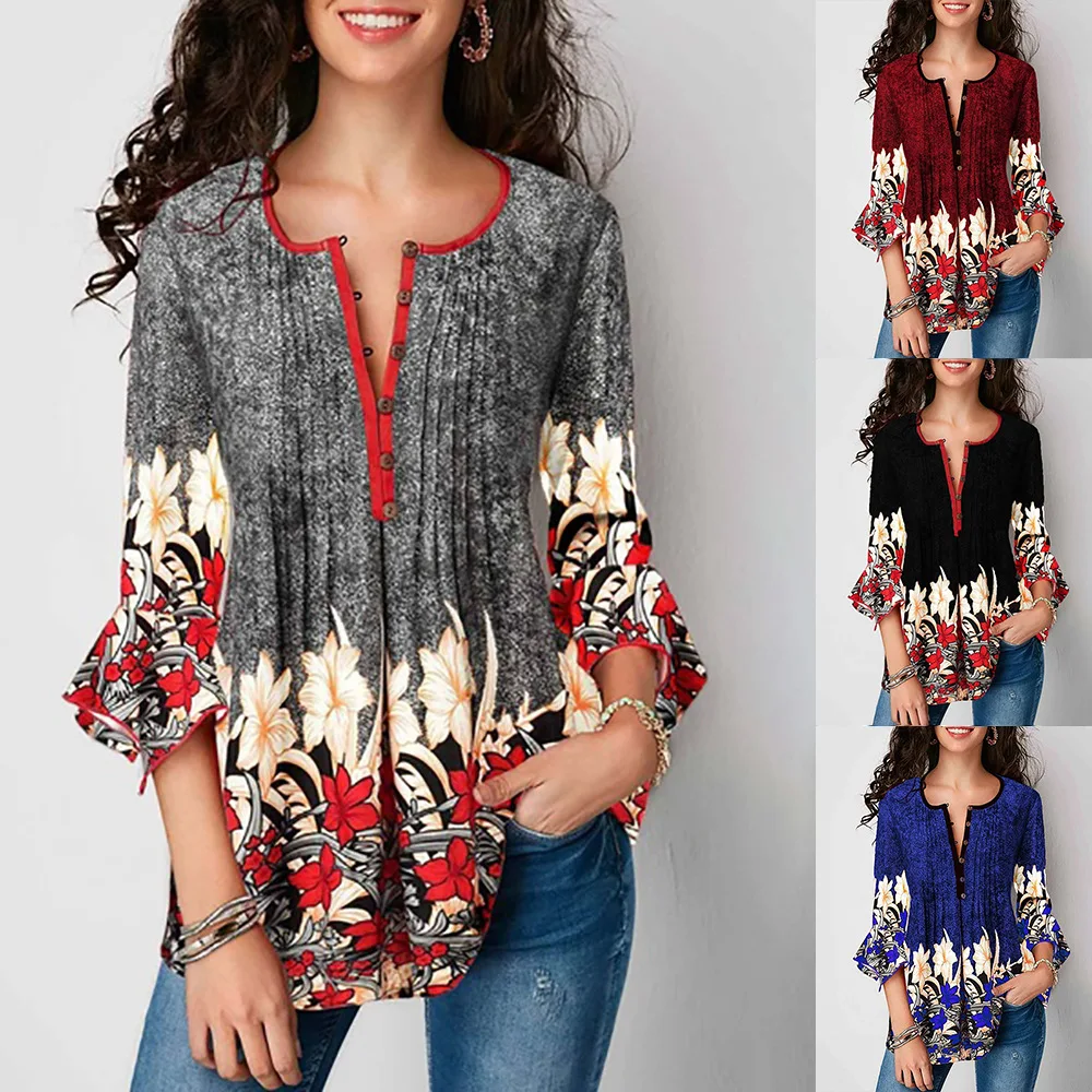 

Fashion Woman Blouses 2019 Plus Size Vintage Print Ruffle Sleeve Womens Tops and Blouses Shirt Female Elegant Kimono Blusas