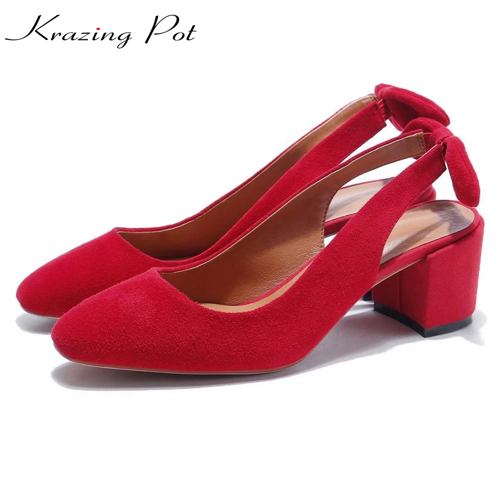 

2019 Krazing Pot less is more kid suede slingback bowtie square toe high heels women sandals preppy style office lady shoes l06