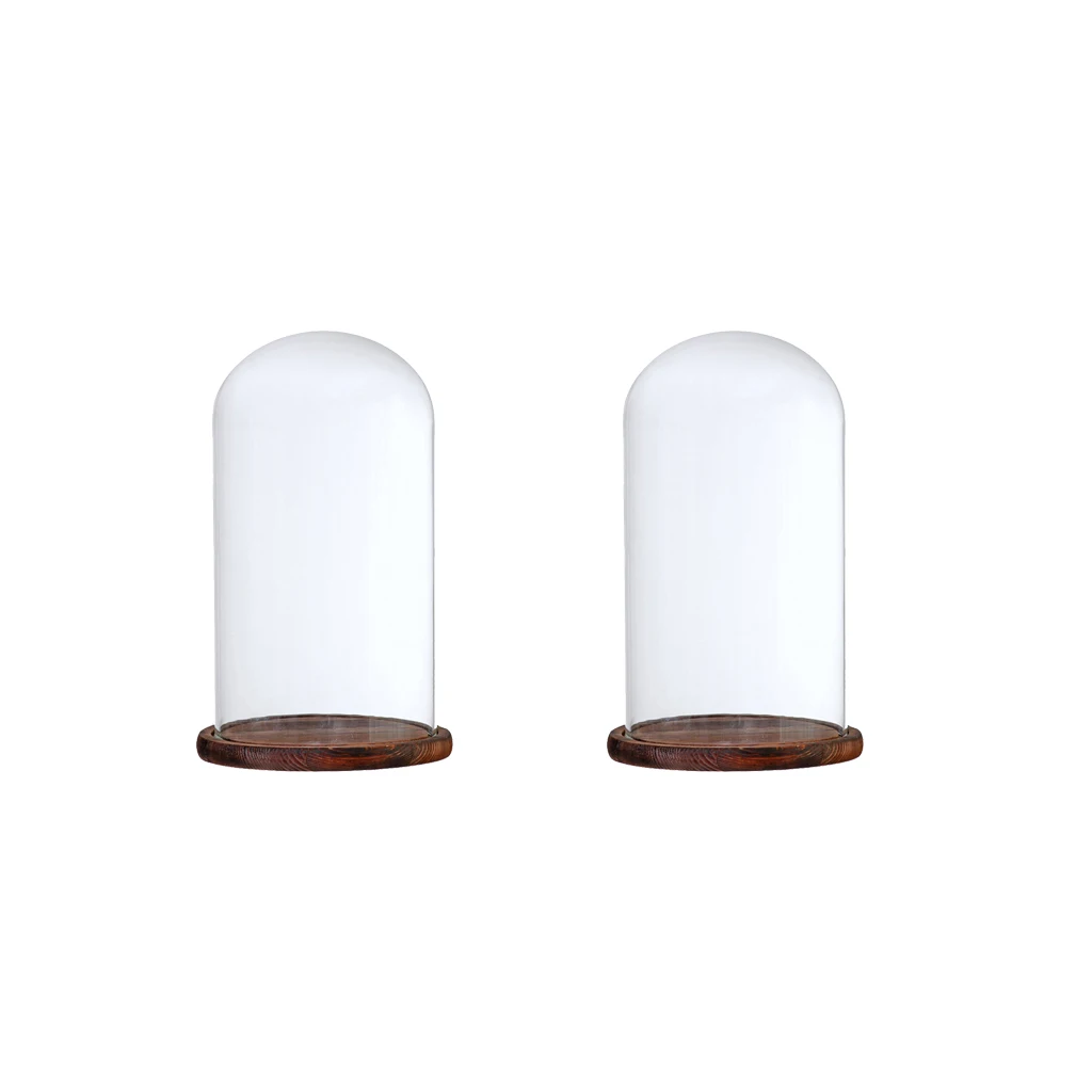 2Pcs 12x22cm Clear Glass Dome with Wooden Base for Home Wedding Party Centerpiece Display Stand DIY Decor ~Brown