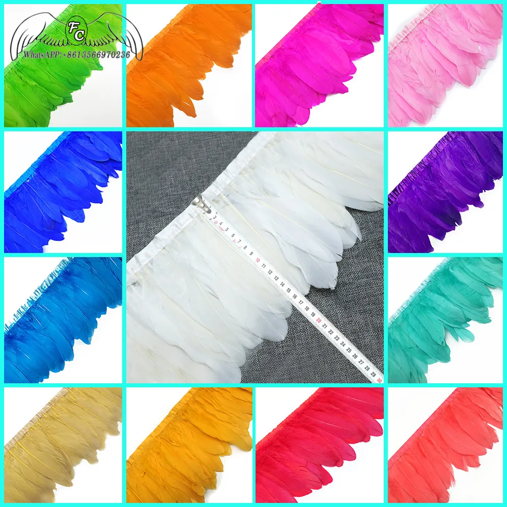 

Wholesale 10Yards High Quality Natural Goose Feather Trim Fringe 13-18cm Dyed Goose Feather Ribbon Dress/Skirt DIY Accessories