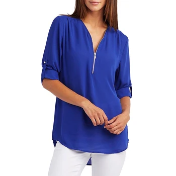 

Women Fashion Chiffon Shirt V-neck Long Sleeve Loose Top Plain Zipper Shirt