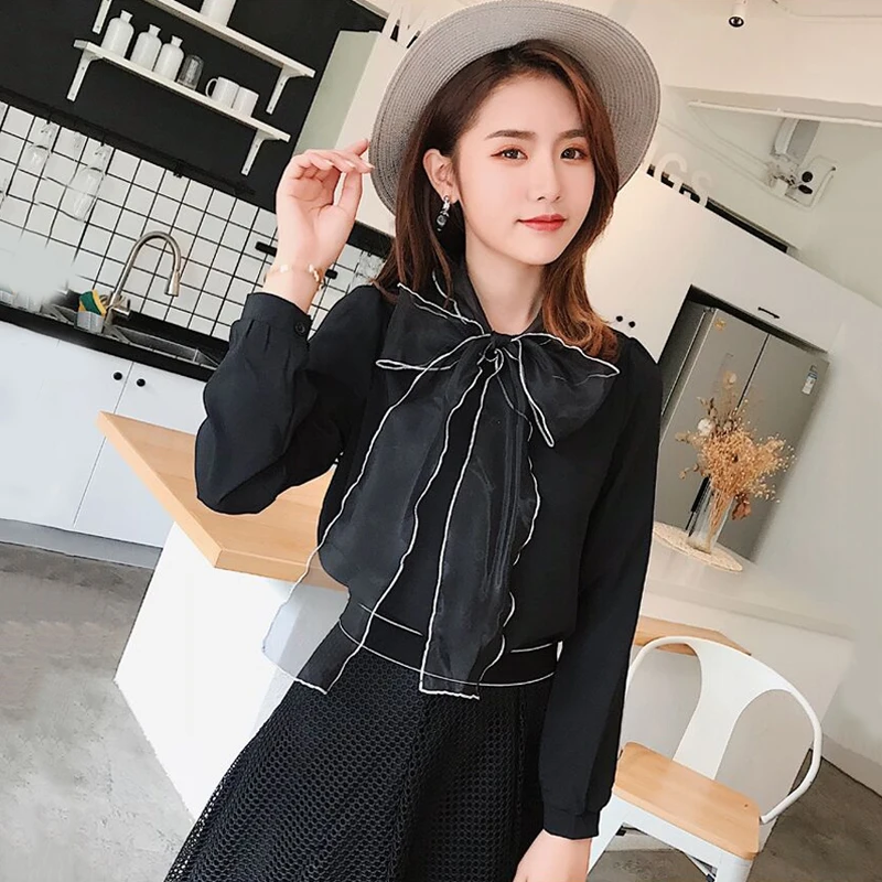 

spring autumn style Women's Clothing Blouses bow chiffon white black shirts loose fashion brands Korean tops vetement femme new