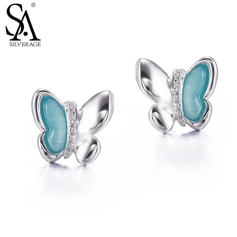 

SA SILVERAGE Silver 925 Earing Gemstone Butterfly Pure Silver Jewelry Earrings Stud For Female 2018 Women Accessory