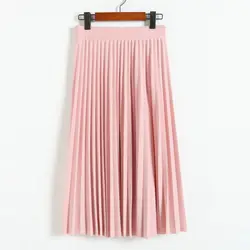 Горячая Для женщин леди c высокой талией, эластичные однотонные Цвет плиссированная юбка средней длины для вечерние праздничные SMA66
