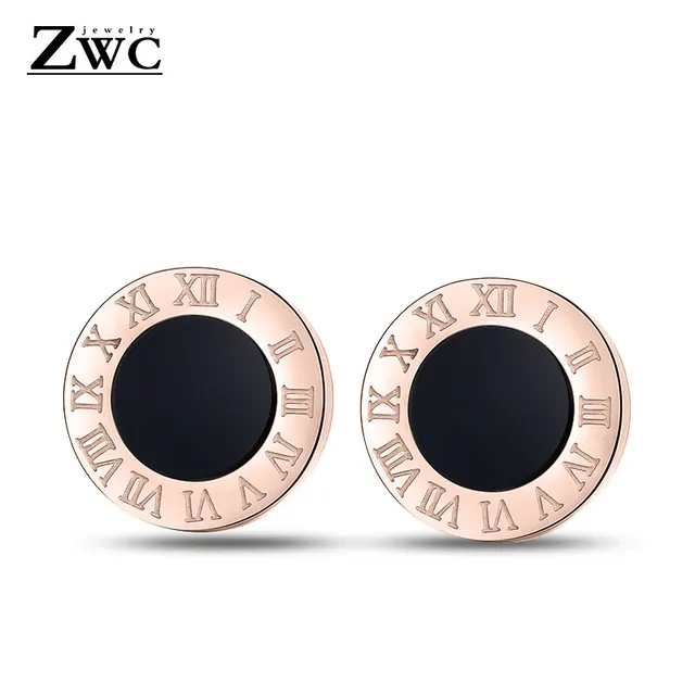 ZWC Fashion Luxury Round Stainless Steel Stud Earrings for Woman Men Anti-allergy Titanium steel Roman Number Earring Jewelry