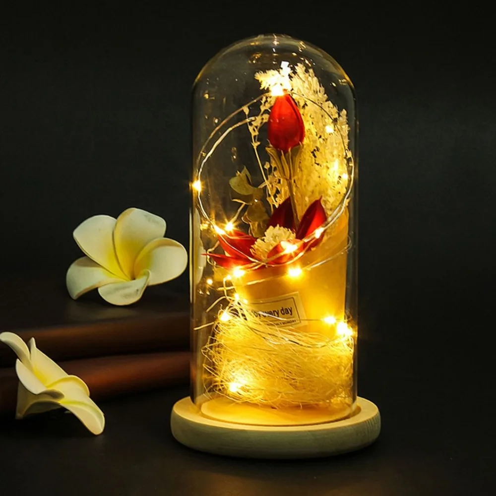 Beauty Flower Glass Dome LED Lighting Vase with Wooden Base Night Light